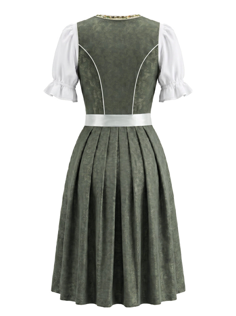 Grünes 50er Jacquard-Kleid mit Eckiger Ausschnitt und Puffärmel