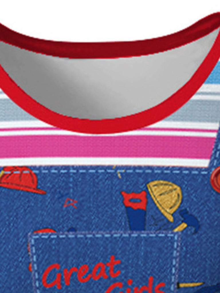 Blaues 40er Jeanskleid mit Regenbogenstreifen