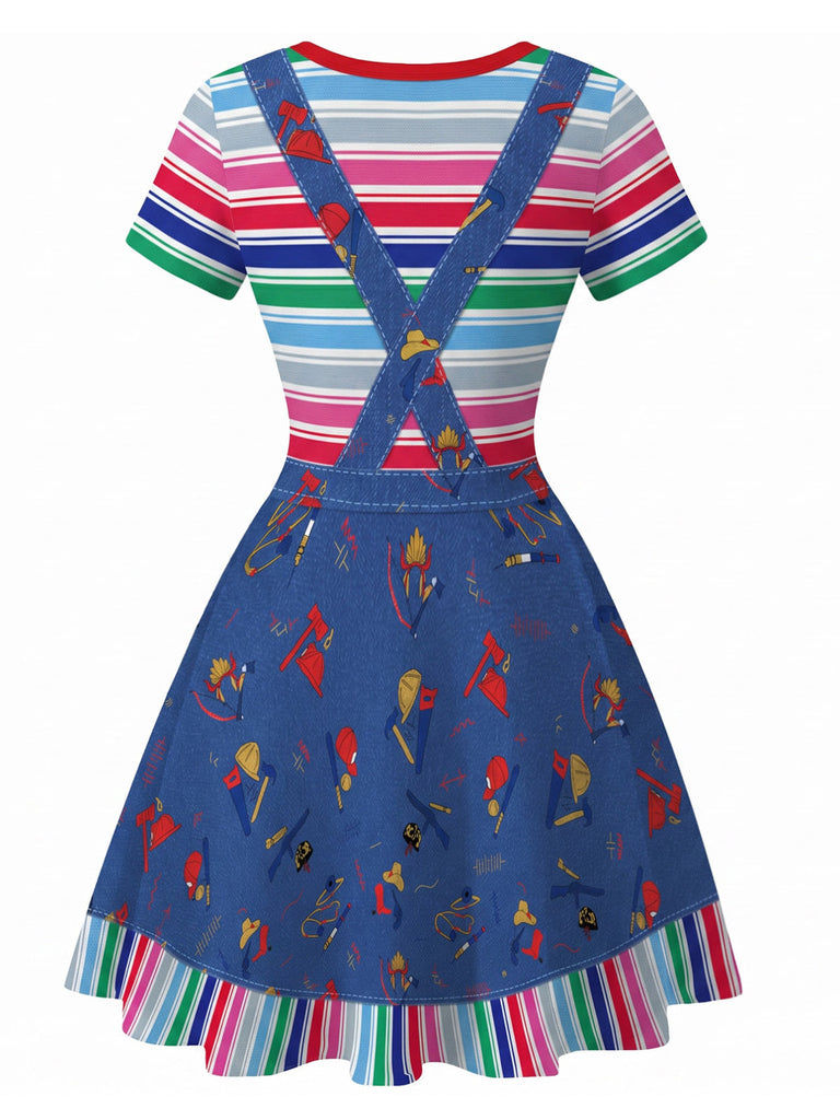 Blaues 40er Jeanskleid mit Regenbogenstreifen