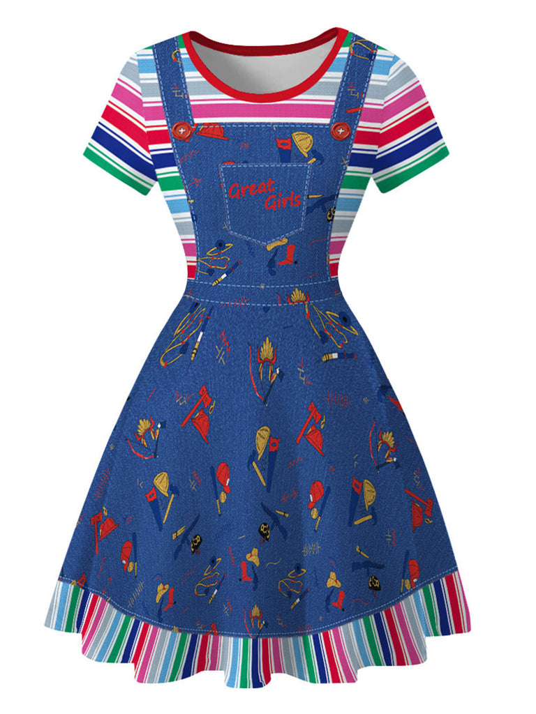 Blaues 40er Jeanskleid mit Regenbogenstreifen