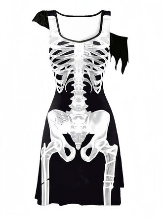 40er Halloween A-Linien-Kleid mit Skelett-Print