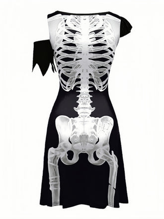 40er Halloween A-Linien-Kleid mit Skelett-Print