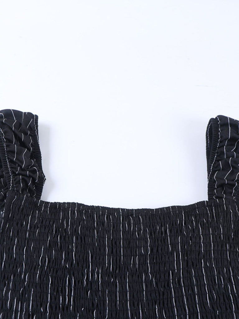 Schwarzes 70er Korsettkleid mit Nadelstreifen und Spitze