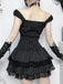 Schwarzes 70er Korsettkleid mit Nadelstreifen und Spitze