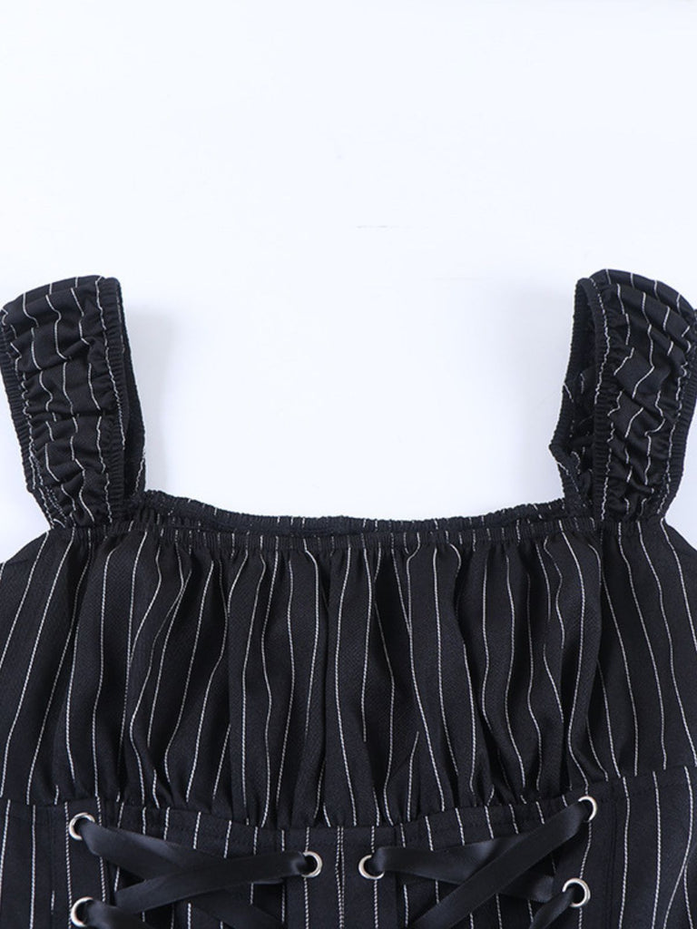Schwarzes 70er Korsettkleid mit Nadelstreifen und Spitze