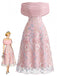 Rosa 40er Netzkleid mit Carmen-Ausschnitt und Stickerei