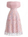 Rosa 40er Netzkleid mit Carmen-Ausschnitt und Stickerei