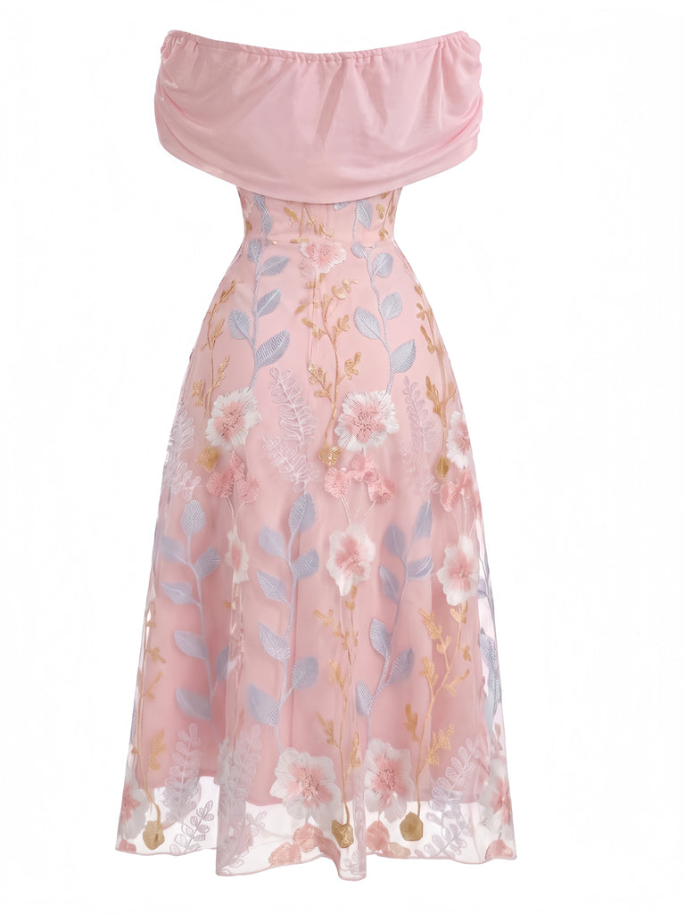 Rosa 40er Netzkleid mit Carmen-Ausschnitt und Stickerei