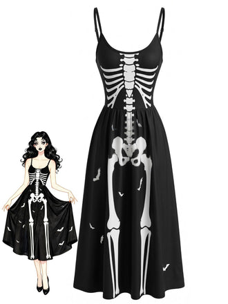 Schwarzes 30er Halloween Cami-Kleid mit Skelett