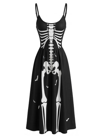 Schwarzes 30er Halloween Cami-Kleid mit Skelett