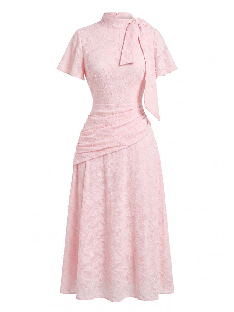 Rosa 30er Jacquard-Kleid mit Stehkragen und Spitze