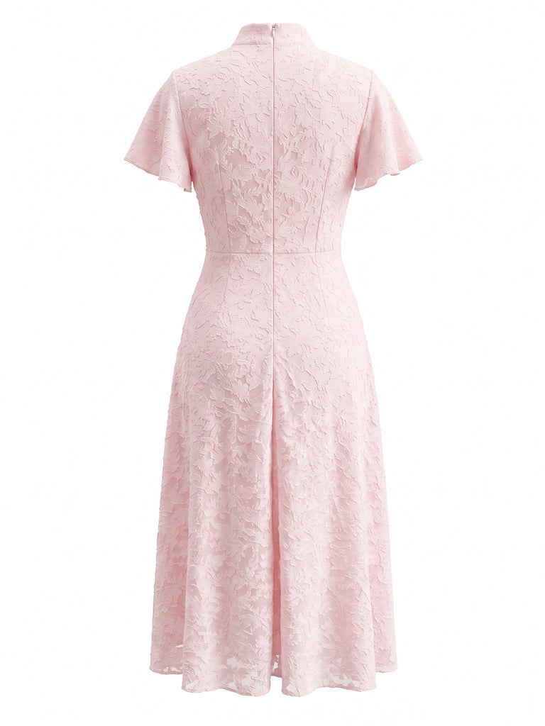 Rosa 30er Jacquard-Kleid mit Stehkragen und Spitze