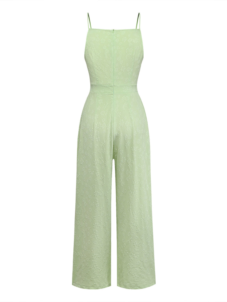 Grüner 50er Jacquard-Jumpsuit mit Spaghettiträger und Schleife