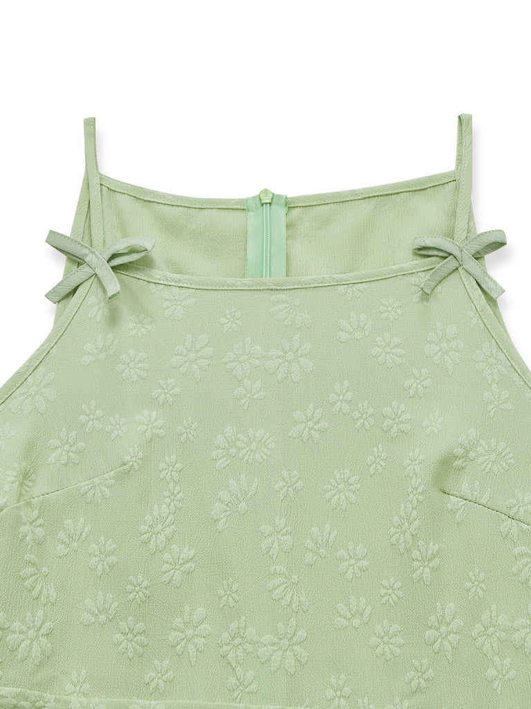 Grüner 50er Jacquard-Jumpsuit mit Spaghettiträger und Schleife
