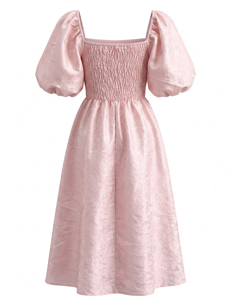Rosa 50er schulterfreies Jacquard-Kleid mit Puffärmel und Print