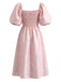 Rosa 50er schulterfreies Jacquard-Kleid mit Puffärmel und Print