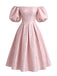 Rosa 50er schulterfreies Jacquard-Kleid mit Puffärmel und Print