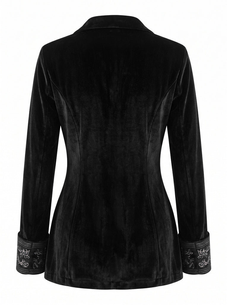 50er Samtjacke mit floral besticktem Revers und langen Ärmeln