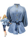 Blaue 60er Jeans-Bluse mit Puffärmel