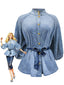 Blaue 60er Jeansbluse mit Mandarinkragen und Puffärmeln