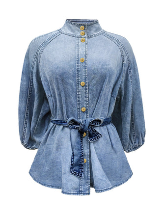 Blaue 60er Jeans-Bluse mit Puffärmel