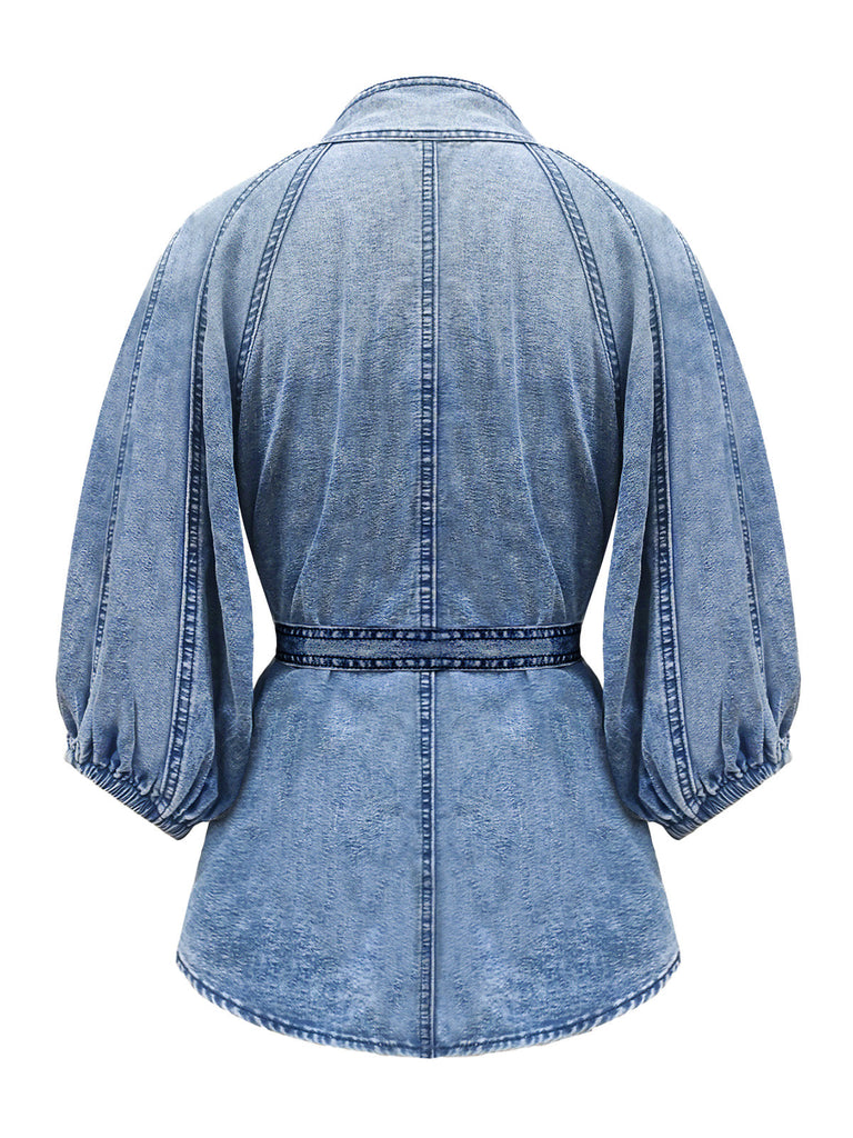 Blaue 60er Jeans-Bluse mit Puffärmel