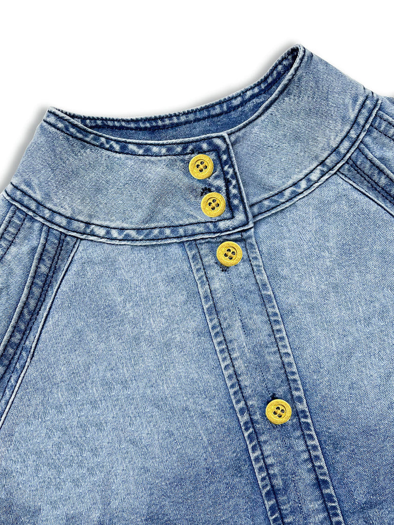 Blaue 60er Jeans-Bluse mit Puffärmel