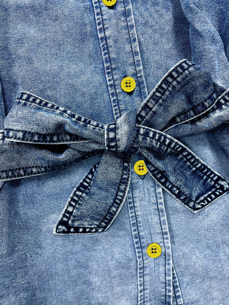 Blaue 60er Jeans-Bluse mit Puffärmel