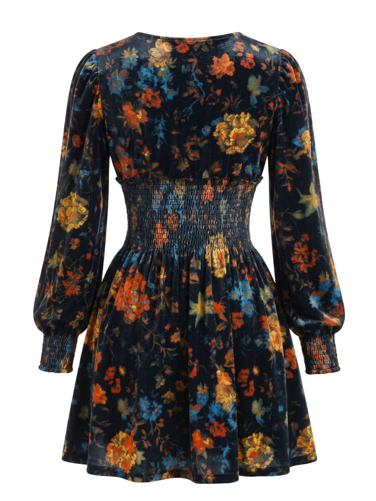 Schwarzes 60er Samtkleid mit Blumen-Print und Smoktaille