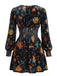 Schwarzes 60er Samtkleid mit Blumen-Print und Smoktaille