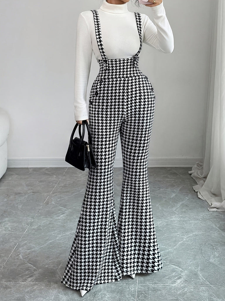 Schwarz-weißer 60er Overall-Jumpsuit mit Hahnentritt und Schlagbein