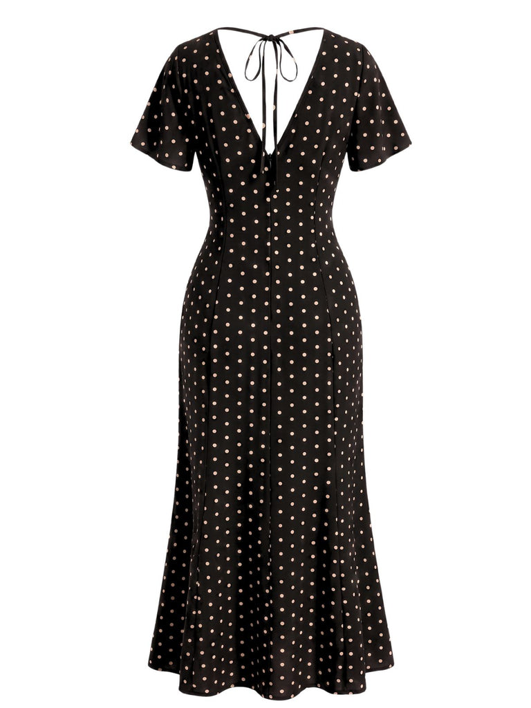30er Meerjungfrauenkleid mit Flatterärmel und Polka-Dots