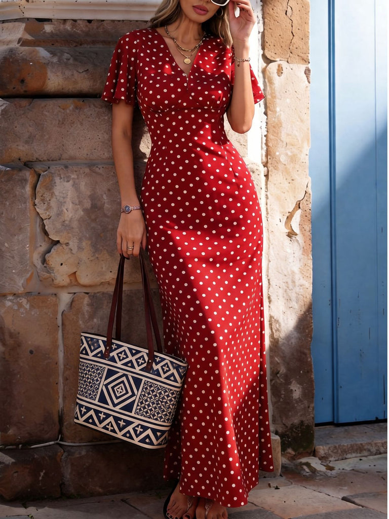 30er Meerjungfrauenkleid mit Flatterärmel und Polka-Dots