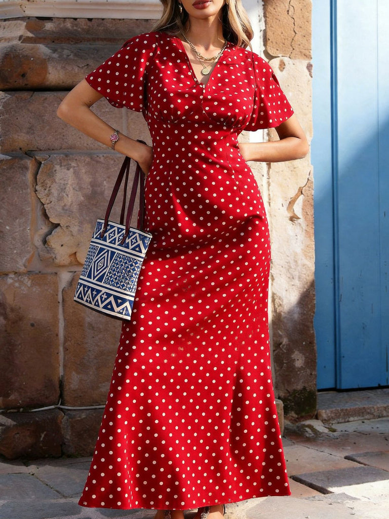 30er Meerjungfrauenkleid mit Flatterärmel und Polka-Dots