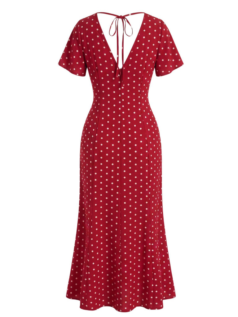 30er Meerjungfrauenkleid mit Flatterärmel und Polka-Dots