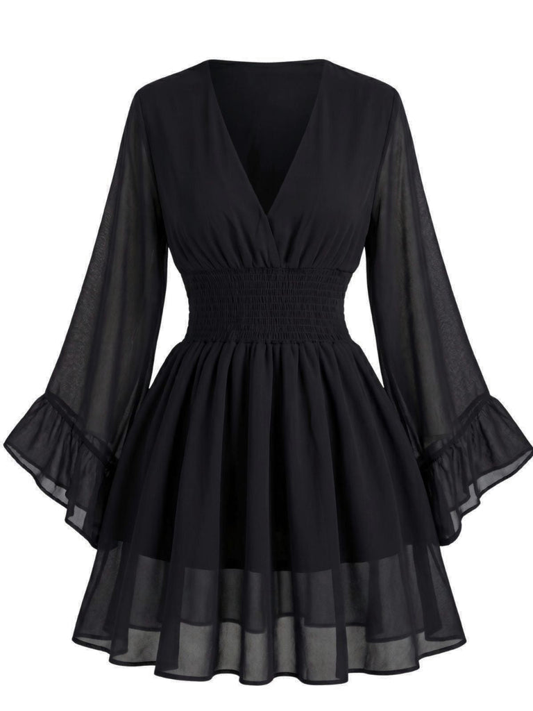 Schwarzes 30er Chiffon-Minikleid mit V-Ausschnitt und Smok