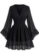 Schwarzes 30er Chiffon-Minikleid mit V-Ausschnitt und Smok