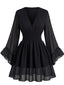 Schwarzes 30er Chiffon-Minikleid mit V-Ausschnitt und Trompetenärmeln