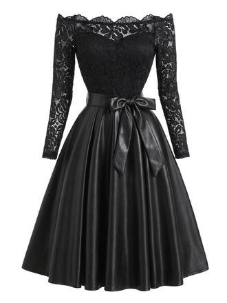50er schulterfreies Kleid mit Spitze und Schleifengürtel