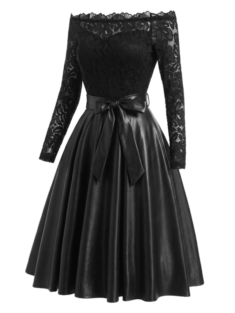 50er schulterfreies Kleid mit Spitze und Schleifengürtel