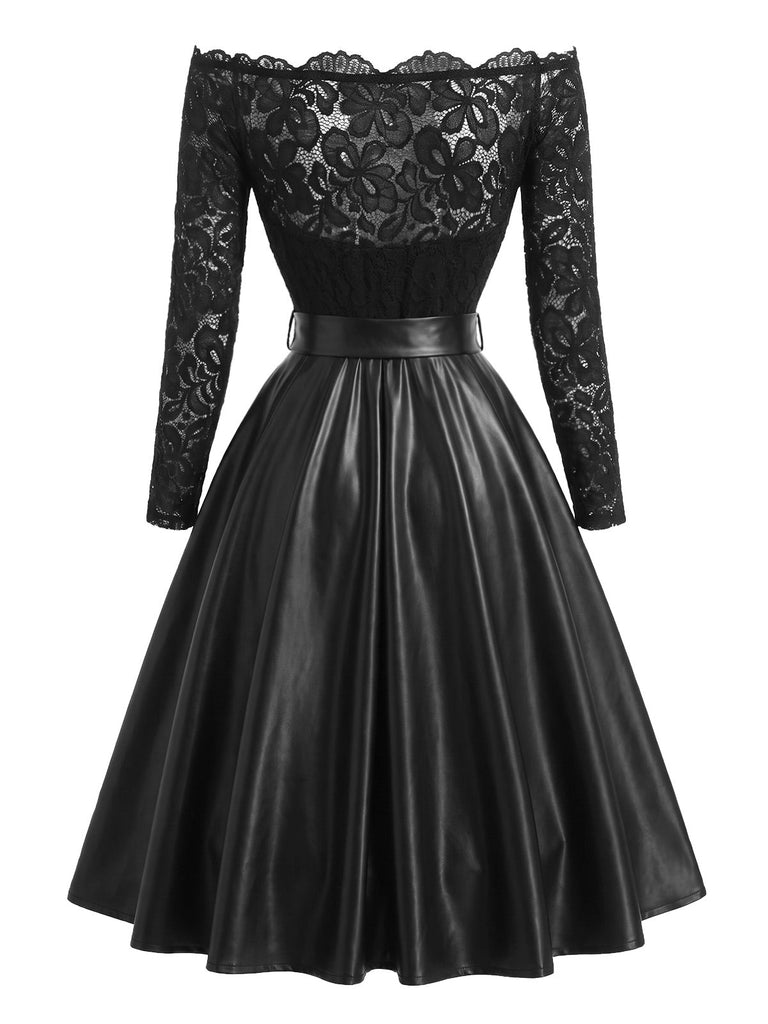 50er schulterfreies Kleid mit Spitze und Schleifengürtel