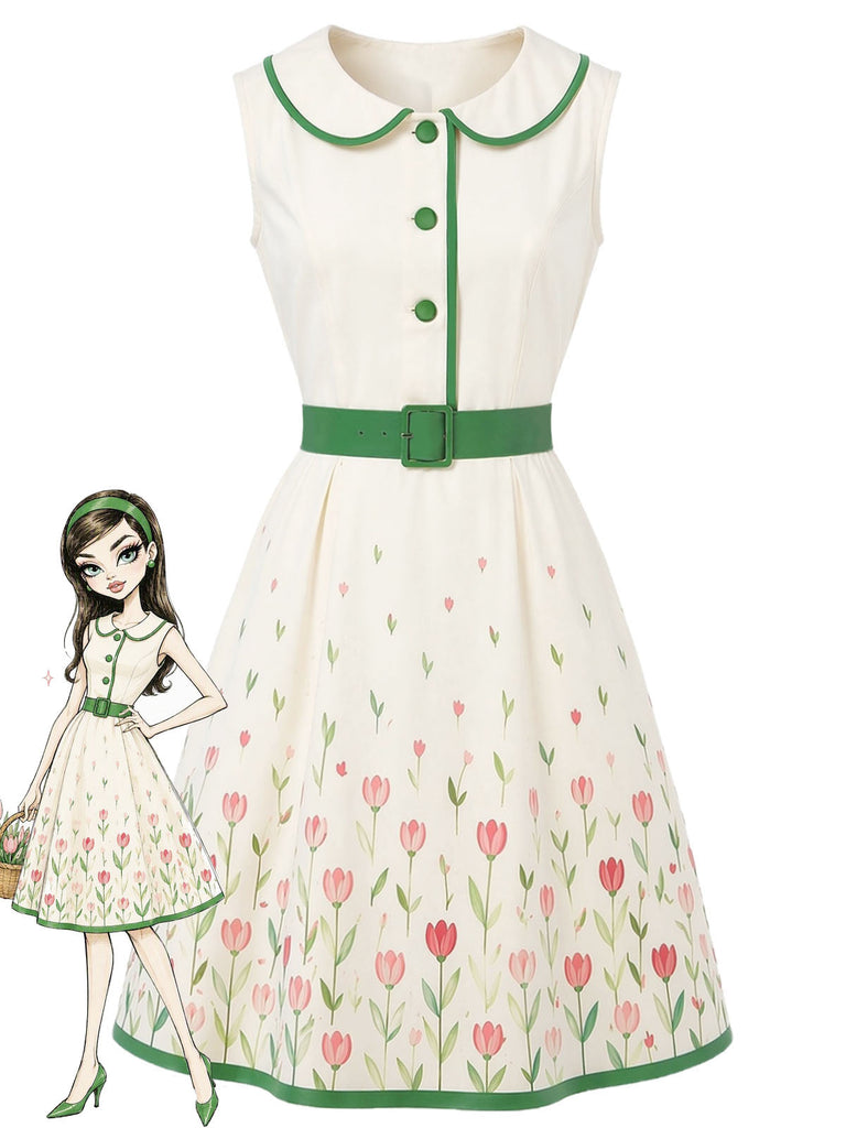 Weißes 50er Kleid mit Peter-Pan-Kragen und Blumen-Print
