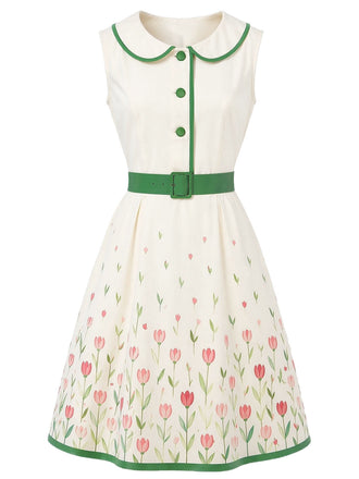 Weißes 50er Kleid mit Peter-Pan-Kragen und Blumen-Print