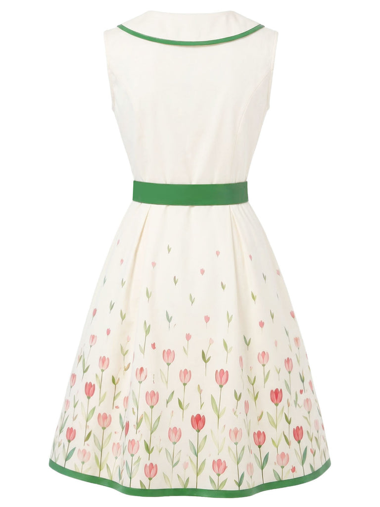Weißes 50er Kleid mit Peter-Pan-Kragen und Blumen-Print