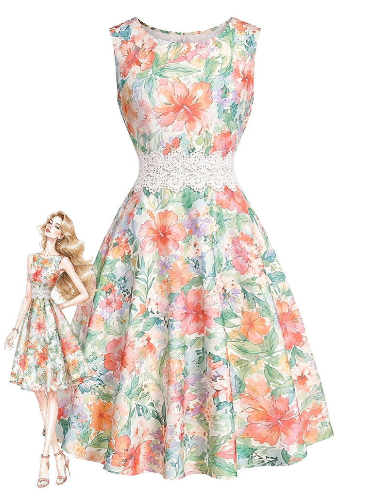 60er Ärmelloses Midikleid mit Blumen und Spitze