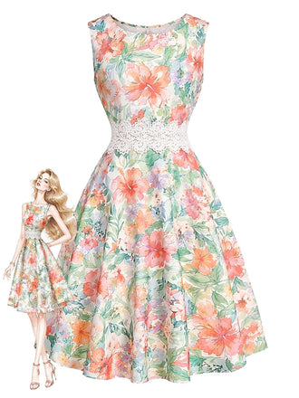60er Ärmelloses Midikleid mit Blumen und Spitze
