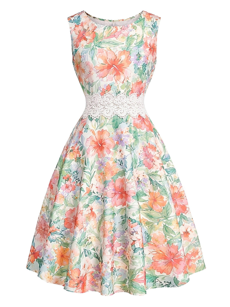 60er Ärmelloses Midikleid mit Blumen und Spitze