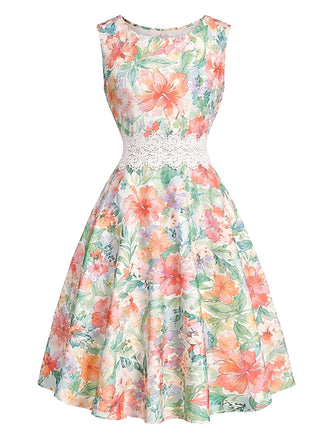 60er Ärmelloses Midikleid mit Blumen und Spitze