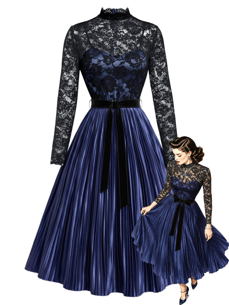 Königsblaues 50er Plisseekleid mit Spitze