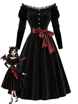 Schwarzes 50er schulterfreies Kleid mit Samt und Spitze